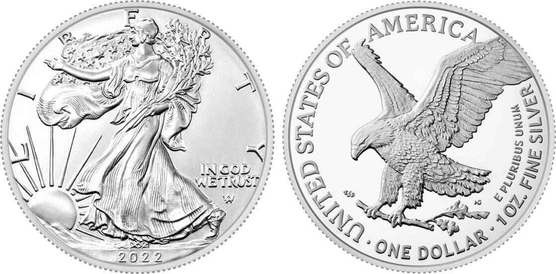 2022 American Silver Eagle primary obverse showing refreshed Walking Liberty design with Weinman AW initials