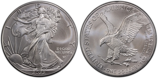 Side-by-side comparison of standard 2022 Silver Eagle bullion finish versus 2022-W Burnished satin finish